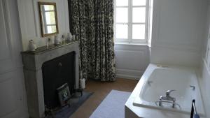 a bathroom with a fireplace and a sink and a window at CHATEAU MONTALEMBERT Maîche in Maîche