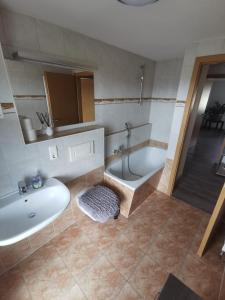 La salle de bains est pourvue d'une baignoire, d'un lavabo et d'une baignoire. dans l'établissement Apartment Bürgerstraße, 50 q.m., à Dresde