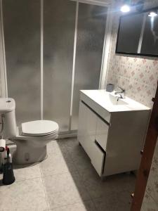 La salle de bains est pourvue d'un lavabo blanc et de toilettes. dans l'établissement Piso los franchutes, à Cabra