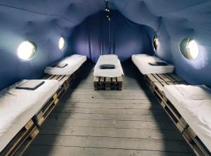 three beds in a room with blue walls at Camp66 in Karpacz