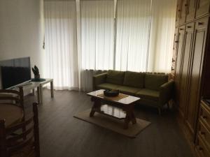 sala de estar con sofá verde y mesa en Alpenwohnanlage Fewo La Rotonda en Grassau