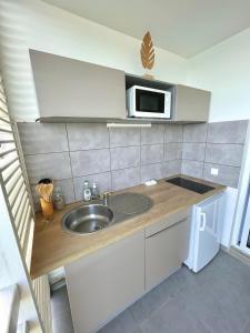 Cuisine ou kitchenette dans l'établissement Charmant appartement avec piscine et vue sur mer