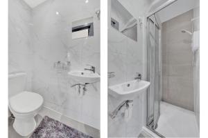 two pictures of a bathroom with a toilet and a sink at Lovely 1-Bed Studio in Feltham in Feltham