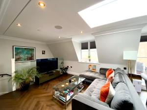 a living room with a couch and a tv at Beautiful Penthouse in centre of Winchester in Winchester