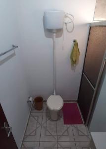 a small bathroom with a toilet and a shower at Casa e Aptos da Jajá in Palhoça