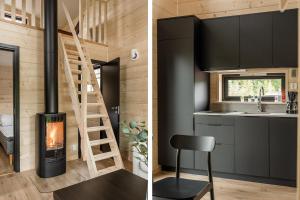 a tiny house with a wood burning stove in a kitchen at Mysig liten stuga perfekt för par eller liten familj in Sälen