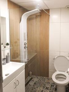 un bagno con wc e doccia in vetro di Vukov spomenik a Belgrado