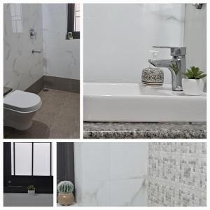 uma colagem de fotos de uma casa de banho com lavatório e WC em Colonels Homestay em Udaipur