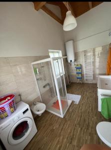 ein Badezimmer mit einer Waschmaschine und einem WC in der Unterkunft Villa Stupar 