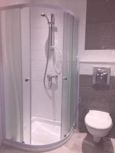 ein Bad mit einer Dusche und einem WC in der Unterkunft maison d'hôte familiale للعائلات فقط in Sousse