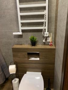a bathroom with a white toilet and a staircase at Apartament G76 in Kraków