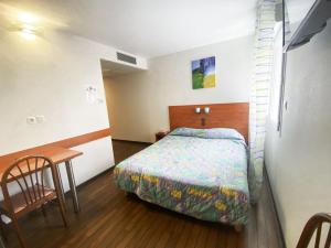 a bedroom with a bed and a table and a desk at Résidence du Soleil in Lourdes