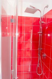 La salle de bains est pourvue d'une douche carrelée de rouge avec un pommeau de douche. dans l'établissement La Casetta de Silvana, à Foligno