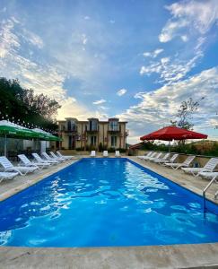 a swimming pool with chairs and a red umbrella at Hotel Traveler in Sighnaghi