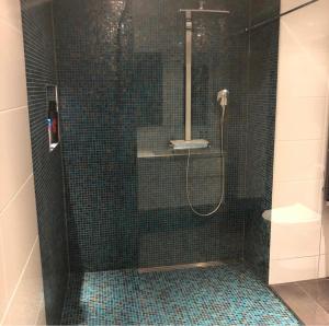 een badkamer met een douche, een wastafel en een toilet bij Luxurious house 20 minutes from Malmö Arena 