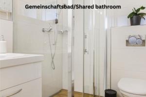 a white bathroom with a shower and a toilet at Haus zur Lilie in Hinwil