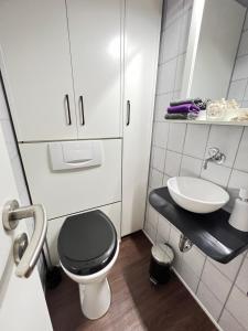 a small bathroom with a toilet and a sink at Steinach Apartment in Neuffen