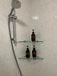 two shelves in a shower with two bottles of soap at Steinach Apartment in Neuffen