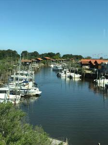 Er liggen boten in een haven. bij Maison La Plage 26 in Gujan-Mestras