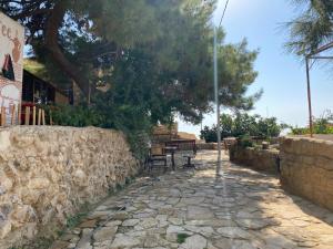 a stone path next to a stone wall with a bench at Dana Moon Hostel in Dana