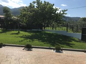 vistas a un patio con un árbol y una valla en PARADISE VILLA en Litóchoron