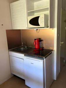 een keuken met een aanrecht en een magnetron bij Studio 4 places vue sur les pistes station de Puyvalador in Puyvalador
