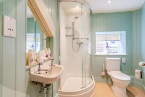 een badkamer met een wastafel, een toilet en een douche bij Tiger Inn - Patience in Eastbourne
