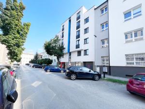 eine Reihe von Autos, die an der Straßenseite geparkt sind in der Unterkunft City center apartment with nice balcony in Žilina