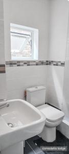Baño blanco con aseo y lavamanos en Consolatio Lodge, en Great Yarmouth