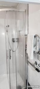 La salle de bains est pourvue d'une douche avec une porte en verre. dans l'établissement Consolatio Lodge, à Great Yarmouth