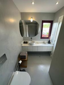 uma casa de banho com um lavatório e um espelho em Casa Sousa 3rd generation - Apart 1 em Boticas