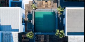 an overhead view of a swimming pool with palm trees at White Dream Suites Antiparos in Antiparos