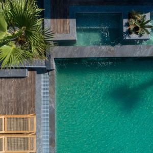 an overhead view of a swimming pool with palm trees at White Dream Suites Antiparos in Antiparos