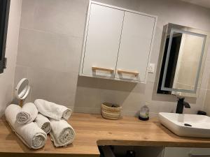 a bathroom with towels and a sink and a mirror at ÉDEN in Vitry logement entier in Vitry-sur-Seine