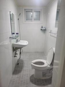a white bathroom with a toilet and a sink at Newly Renovated 2 Bedroom Apartment in Seoul