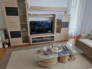 Bugojno Stan في بوغوينو: غرفة معيشة مع تلفزيون وطاولة زجاجية