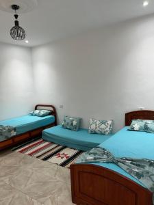 2 Betten in einem Zimmer mit blauer Bettwäsche in der Unterkunft Maison Eline in Harqalah