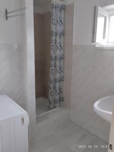 baño blanco con ducha y lavamanos en Helena Vendégház, en Siófok