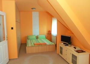 a bedroom with a bed and a desk with a television at Bors Apartman Szeged in Szeged