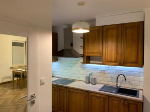 A kitchen or kitchenette at Close Wola Apartment