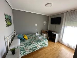 um quarto com uma cama, uma secretária e uma televisão em Outdoor paradise em Santander