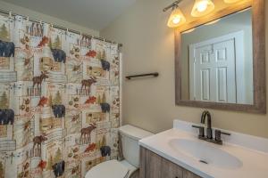 a bathroom with a toilet and a sink and a mirror at Carmel Sunday in Swanton +55 photos