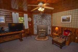 uma sala de estar com uma televisão de ecrã plano e uma lareira em The Pines em Swanton
