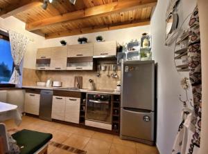 a kitchen with stainless steel appliances and wooden ceilings at Kraina kaszubska - dom z balią kąpielową in Stare Czaple