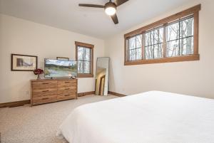 a bedroom with a bed and a tv and windows at Dreidels Den in McHenry +21 photos