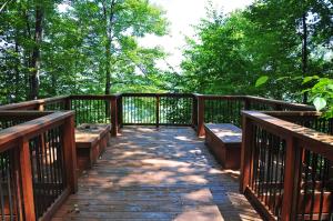 a wooden bridge with benches and trees in a park at Dreidels Den in McHenry
