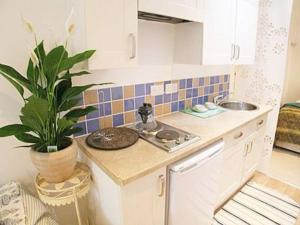 a kitchen with a potted plant sitting on a counter at Seashell - annex in Selsey