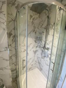 a shower with a glass door in a bathroom at Twin/King private bedrooms in beautiful homestay with private parking in Forest Hill