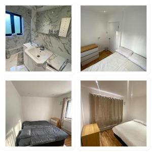 four pictures of a bathroom with a sink and a bed at Twin/King private bedrooms in beautiful homestay with private parking in Forest Hill