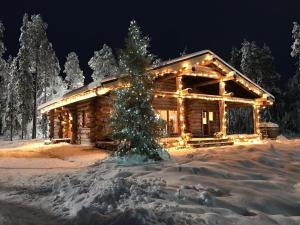 a log cabin with a christmas tree in the snow at Napapiirin Järvilomat in Rovaniemi